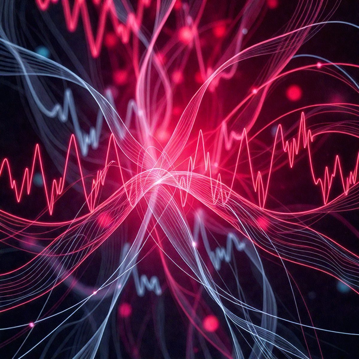 The primary subject of the image is a brightly colored, pink and red neon light display. The setting is a dark background, which contrasts with the vibrant colors of the light display. The visual style is a combination of digital art and illustration, creating a dynamic and eye-catching scene. The dominant colors are pink and red, which evoke a sense of energy and excitement.